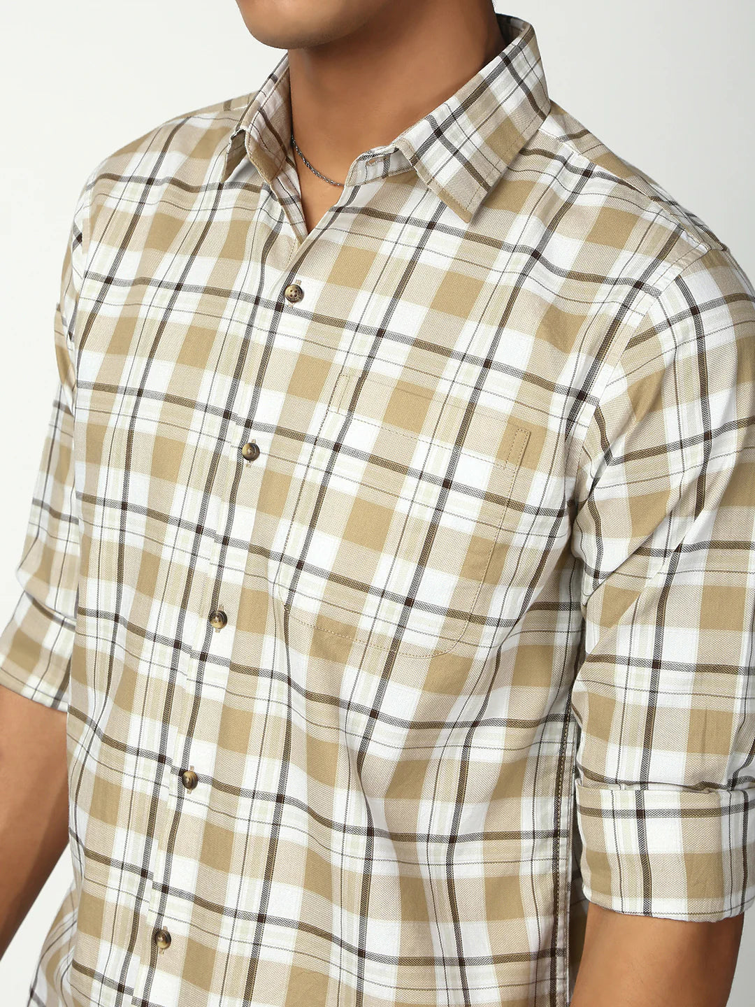 Necked Checks Full Sleeve Slim Shirt With Pocket