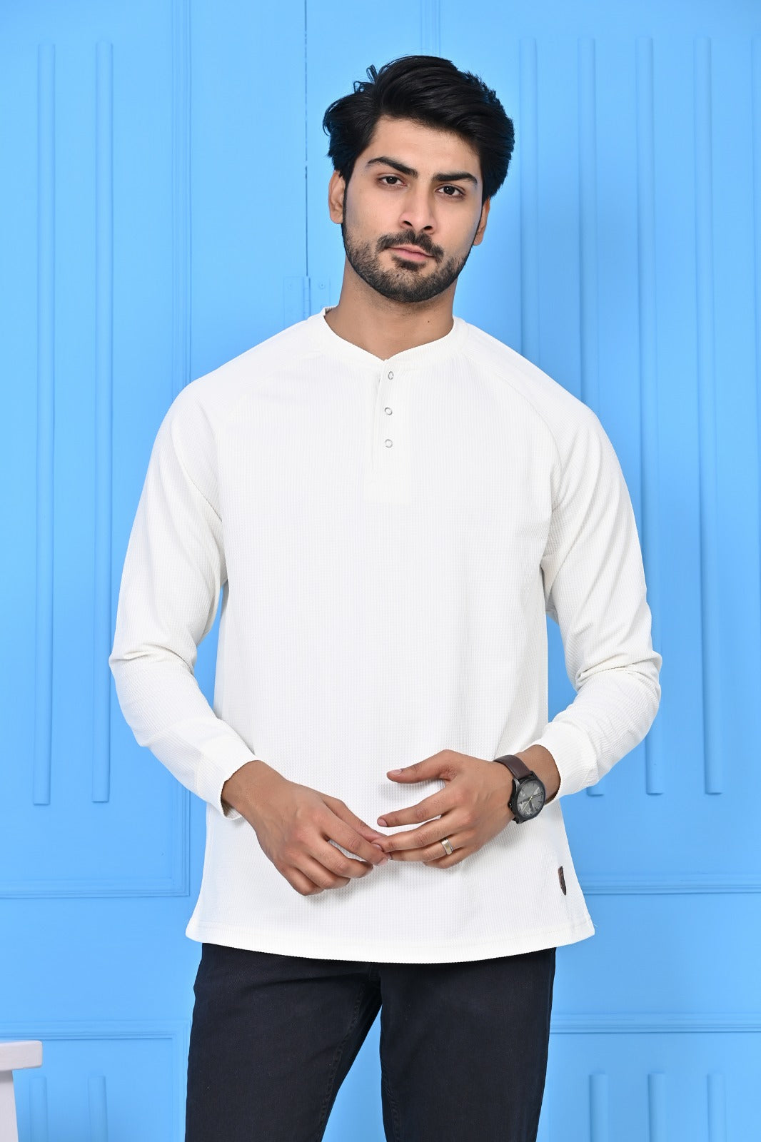 Men's Full Sleeve Grey & White Henley T-Shirt | Waffle Knit Texture | Casual & Smart Wear | Premium Comfort Fit