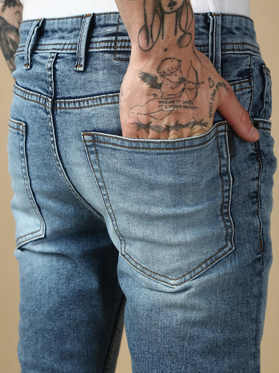 Necked Light Blue Ripped Straight Stretchable Jeans