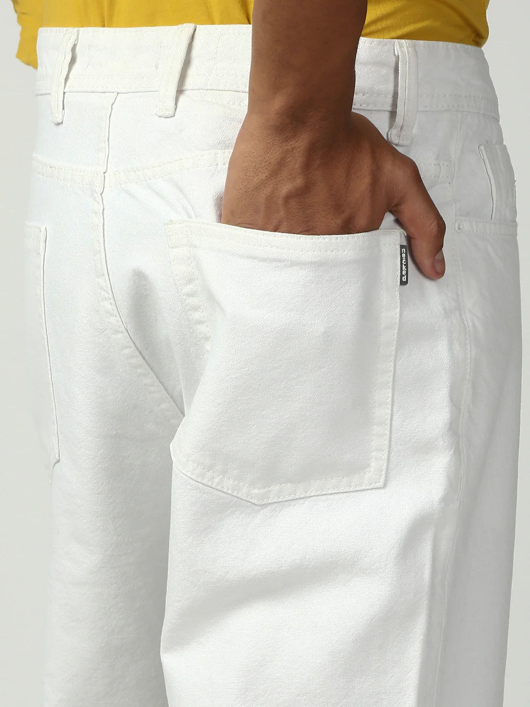 Necked White Straight Fit Cotton Jeans