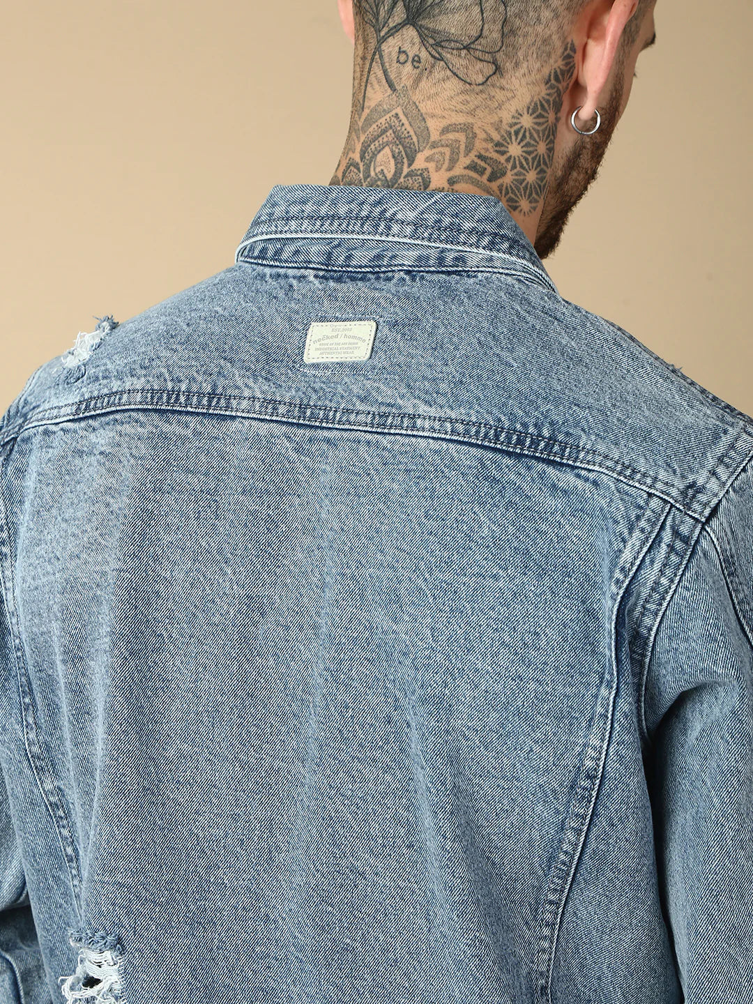 Necked Light Blue Slim Fit Denim Jacket