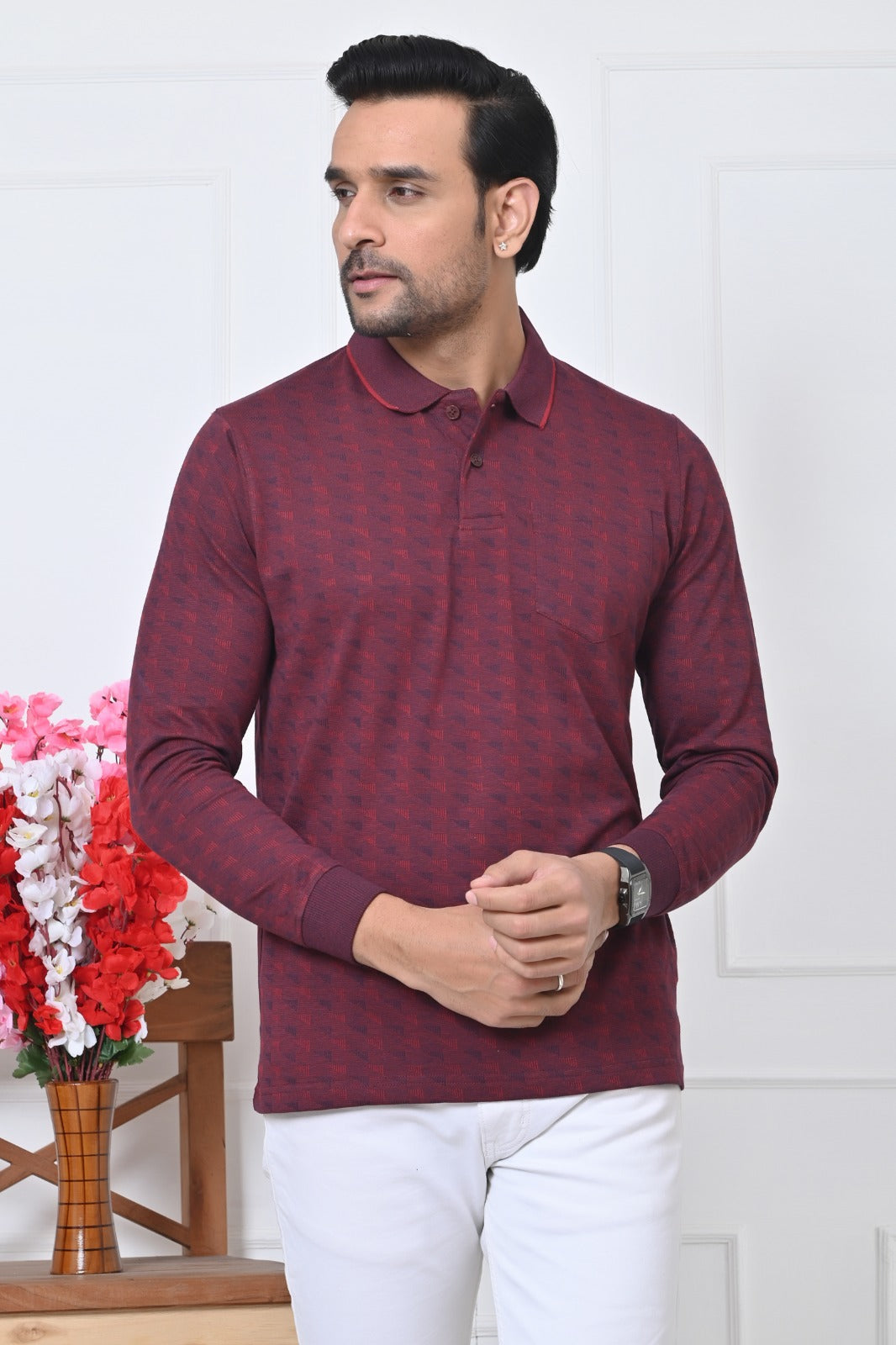 Arbour Premium Men's Full Sleeve Polo T-Shirt | Soft Cotton Blend | Stylish Textured Pattern | Casual & Semi-Formal Wear