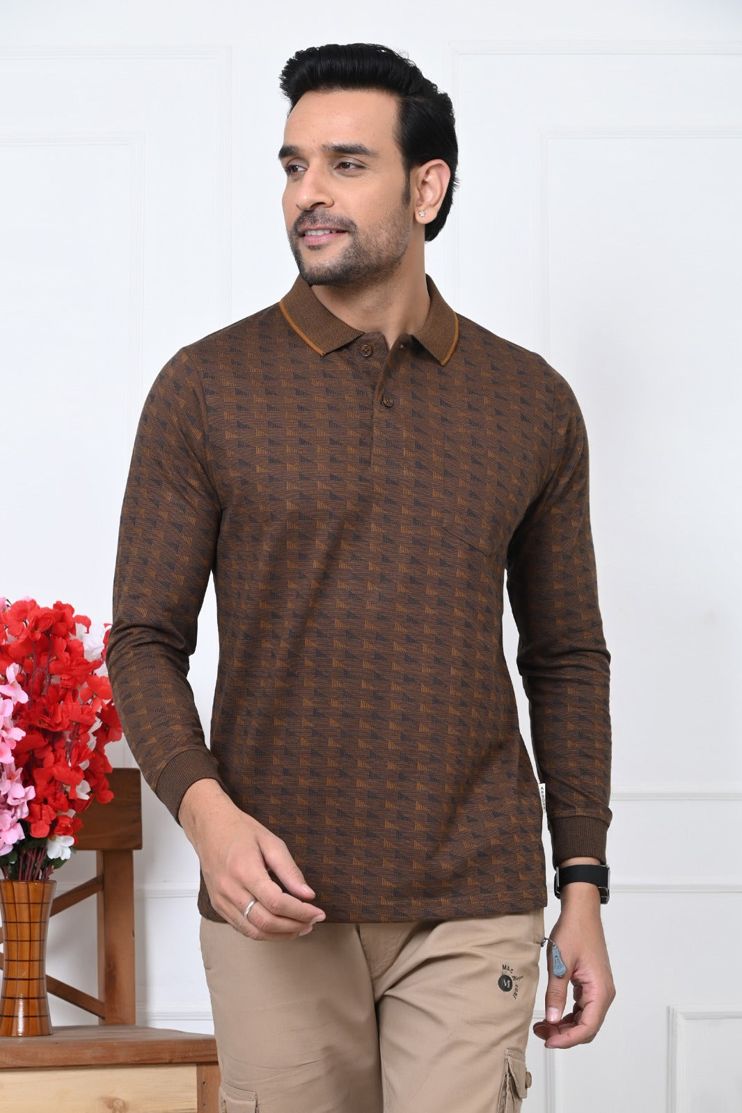 Arbour Premium Men's Full Sleeve Polo T-Shirt | Soft Cotton Blend | Stylish Textured Pattern | Casual & Semi-Formal Wear