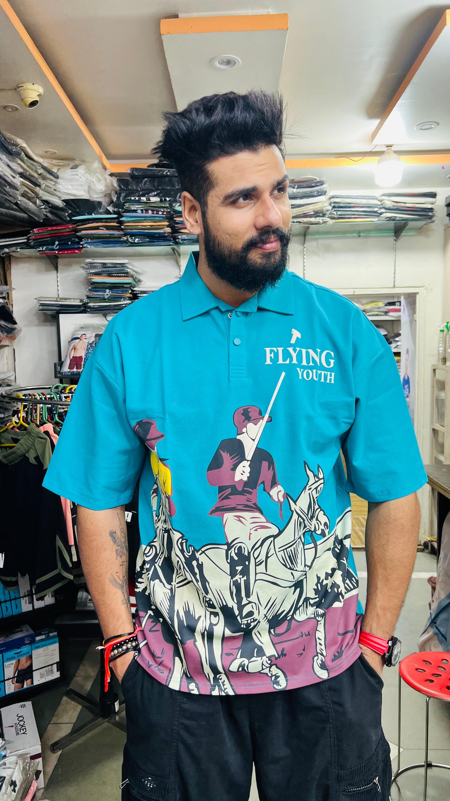 Flying Youth Premium Polo T-Shirt for Men – Stylish Polo Player Graphic Print | Half Sleeve Casual Wear (Teal & Beige Colors)