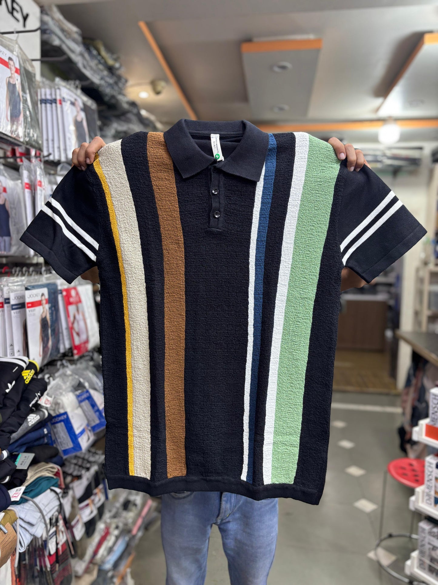 Textured Stripe Terry Polo Shirt | Retro Multi-Color Knit Polo