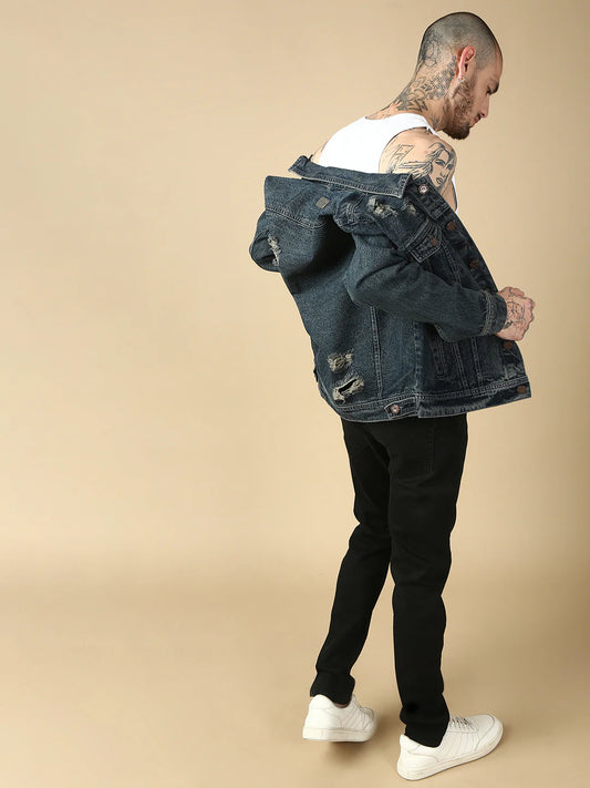 Necked  Vintage Blue Repeed Slim Fit Denim Jacket