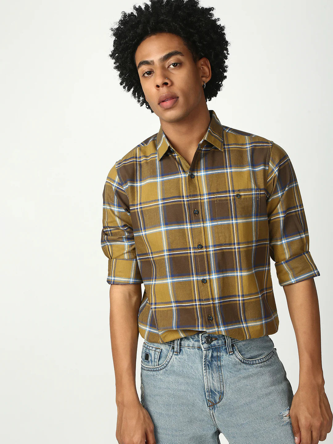Necked Checks Full Sleeve Relax Shirt With Pocket