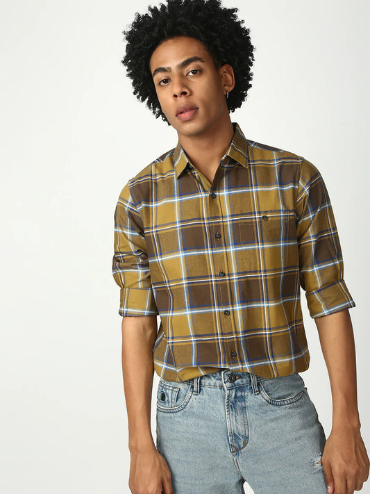 Necked Checks Full Sleeve Relax Shirt With Pocket