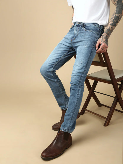Necked  Light Blue Ripped Straight Stretchable Jeans