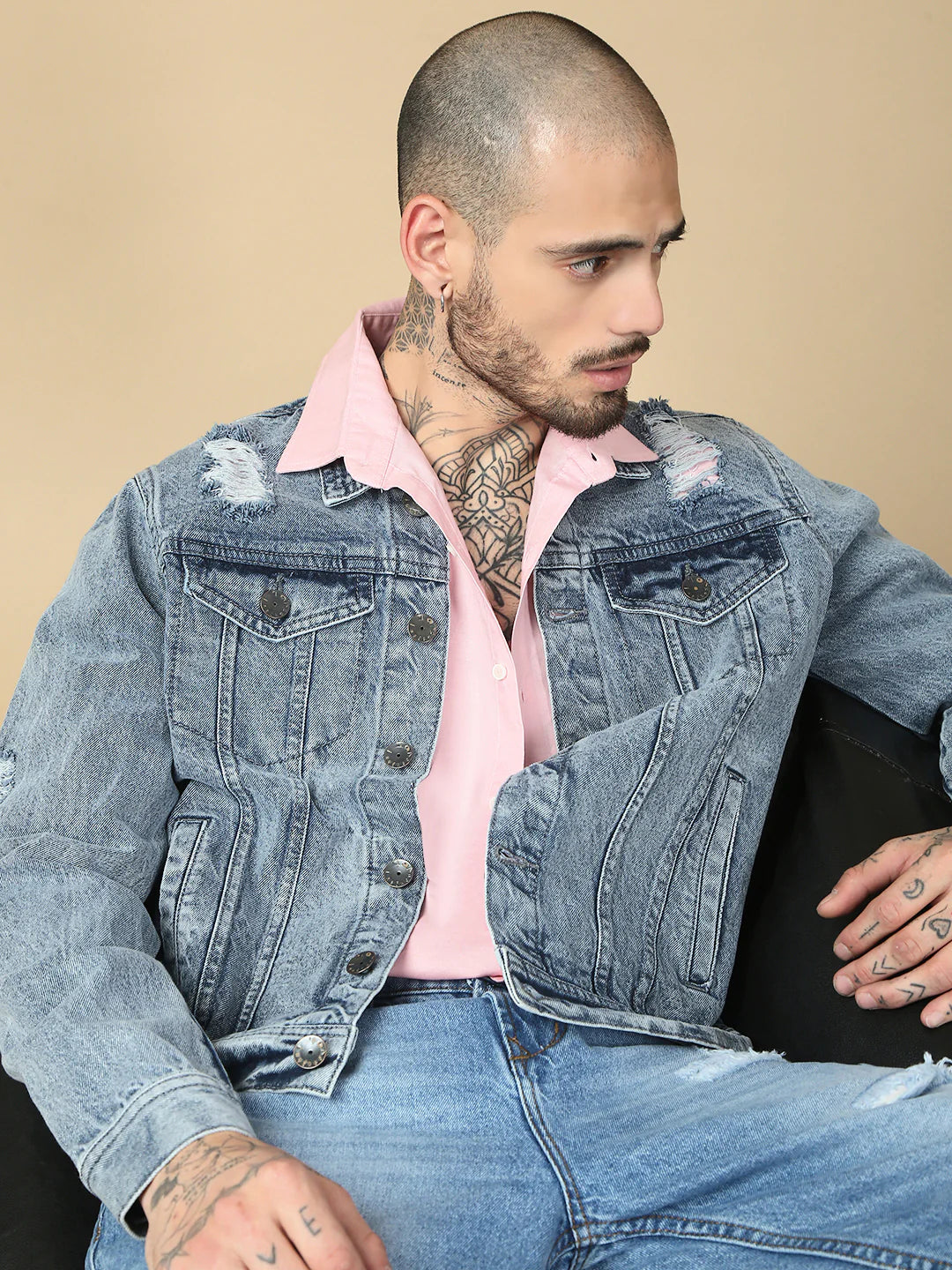 Necked Light Blue Slim Fit Denim Jacket