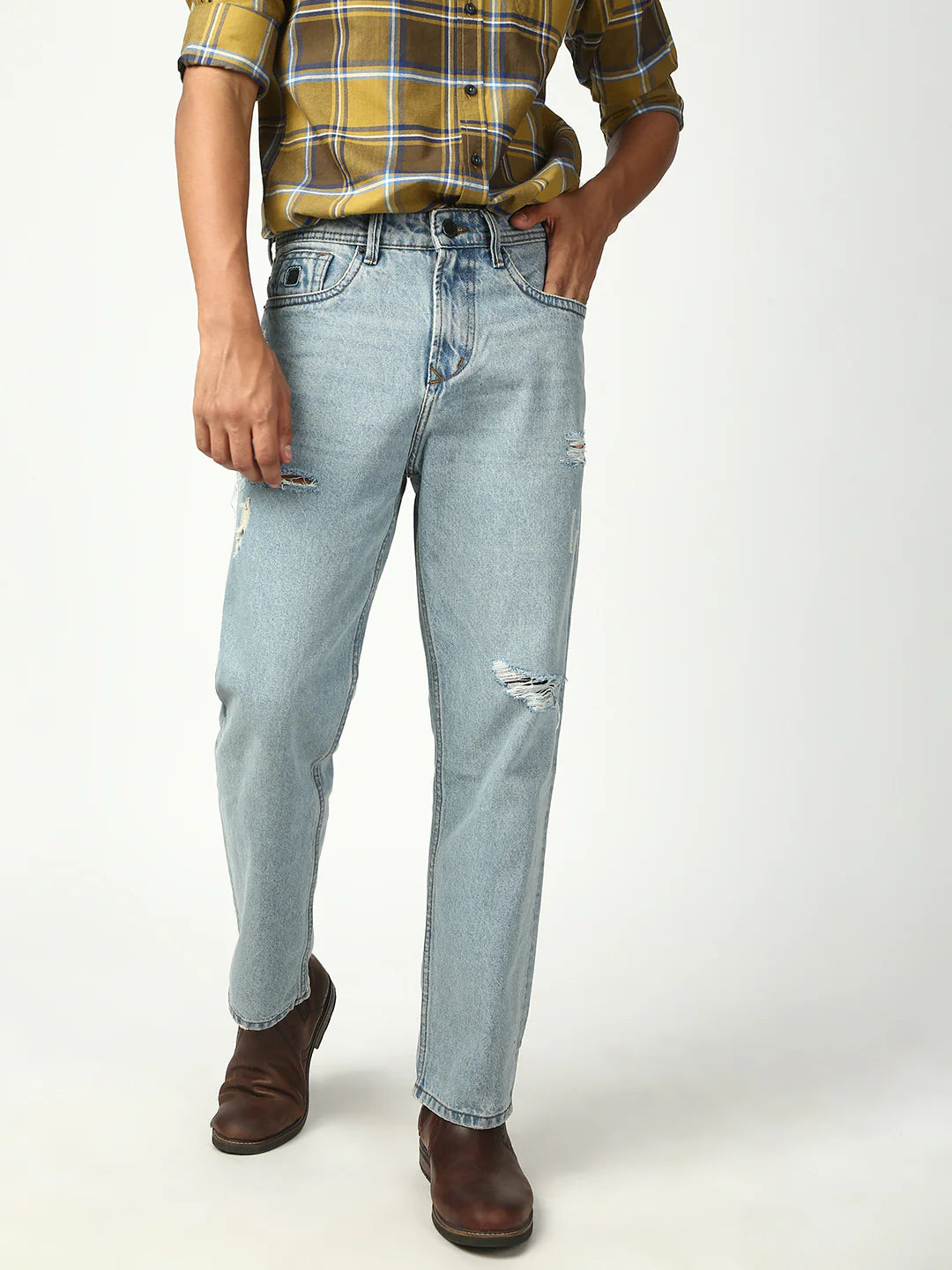 Necked  Vintage Light Blue Ripped Straight Jeans