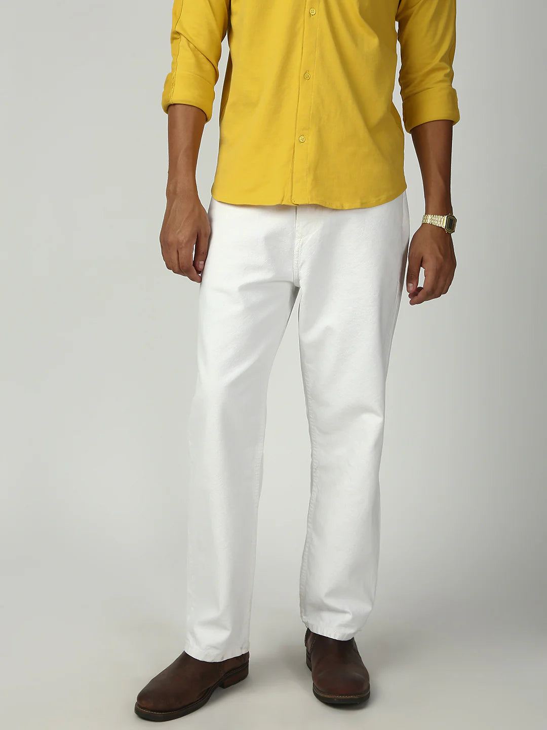 Necked White Straight Fit Cotton Jeans