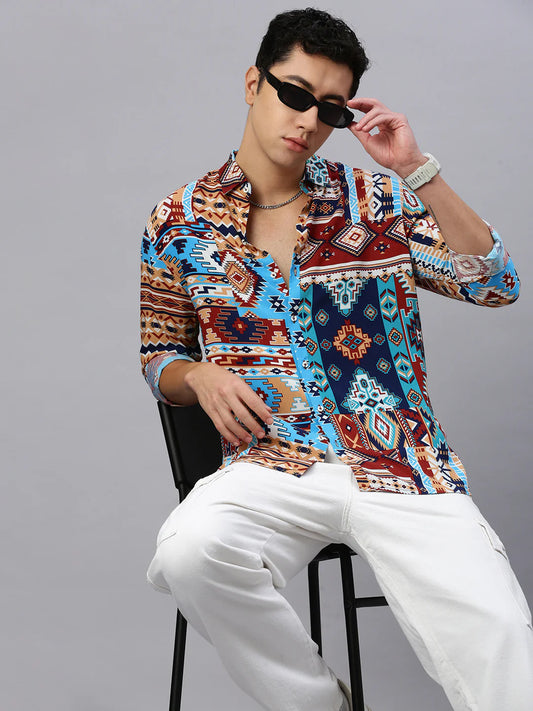 Necked Printed Viscose Shirt Without Pocket