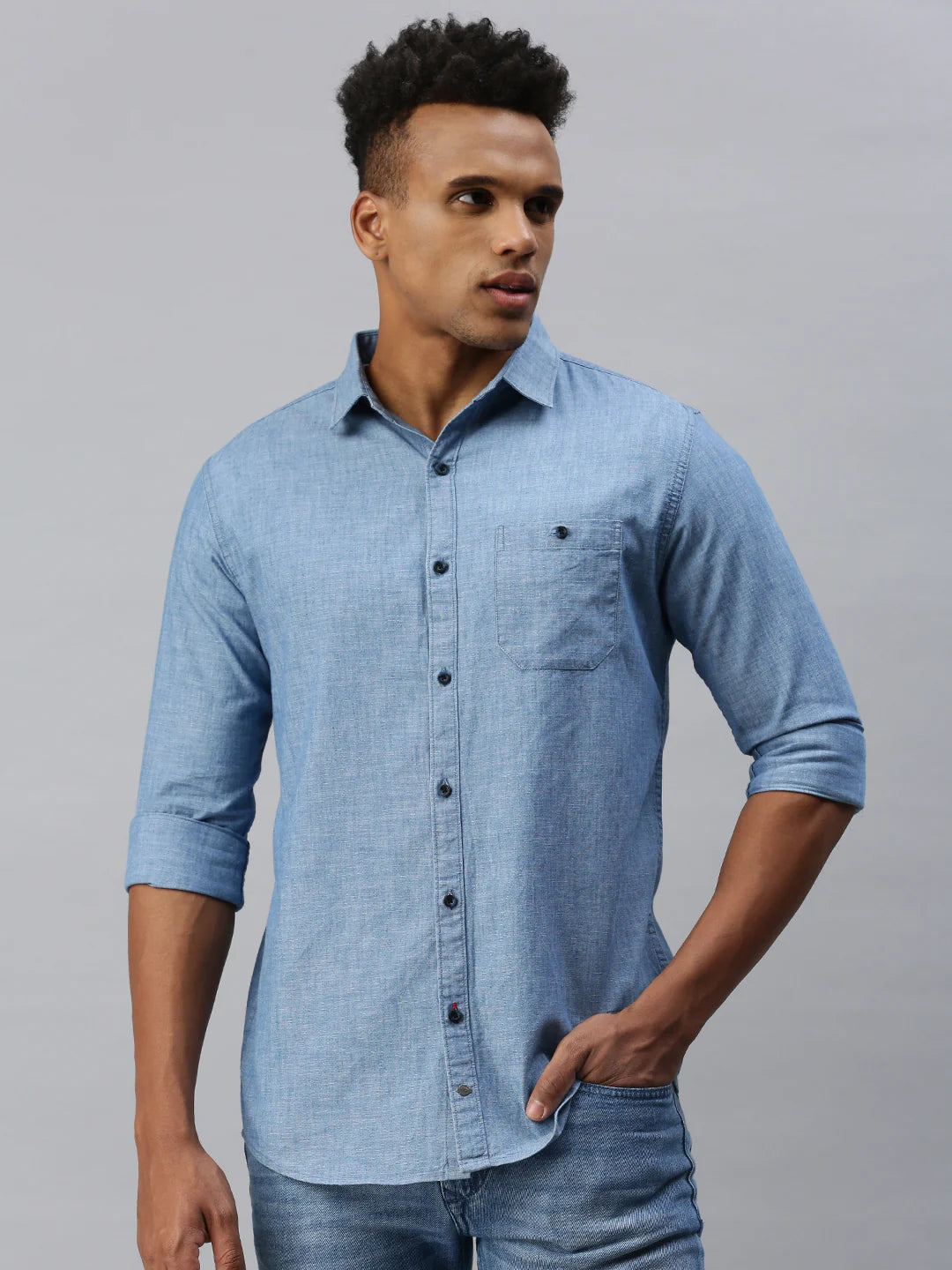 Necked  slim-fit blue denim shirt with patch pocket