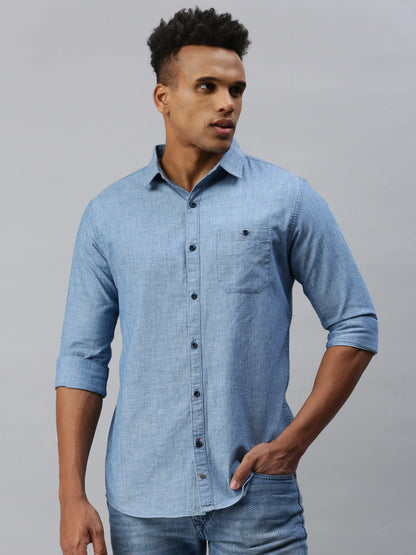 Necked  slim-fit blue denim shirt with patch pocket