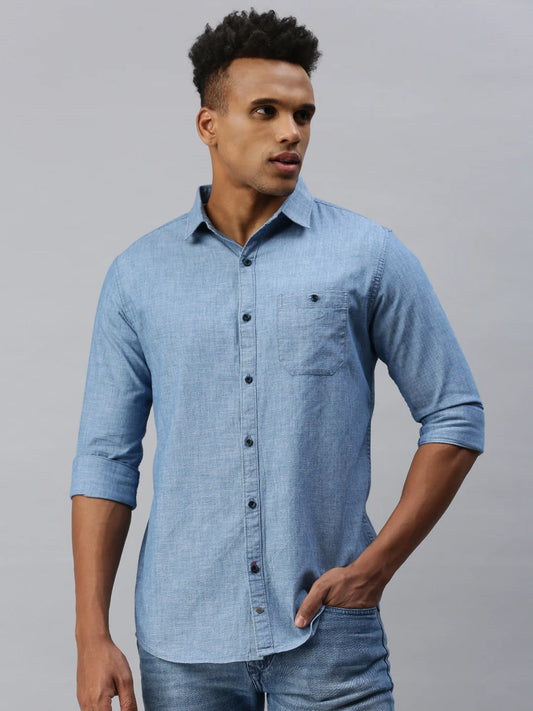 Necked  slim-fit blue denim shirt with patch pocket