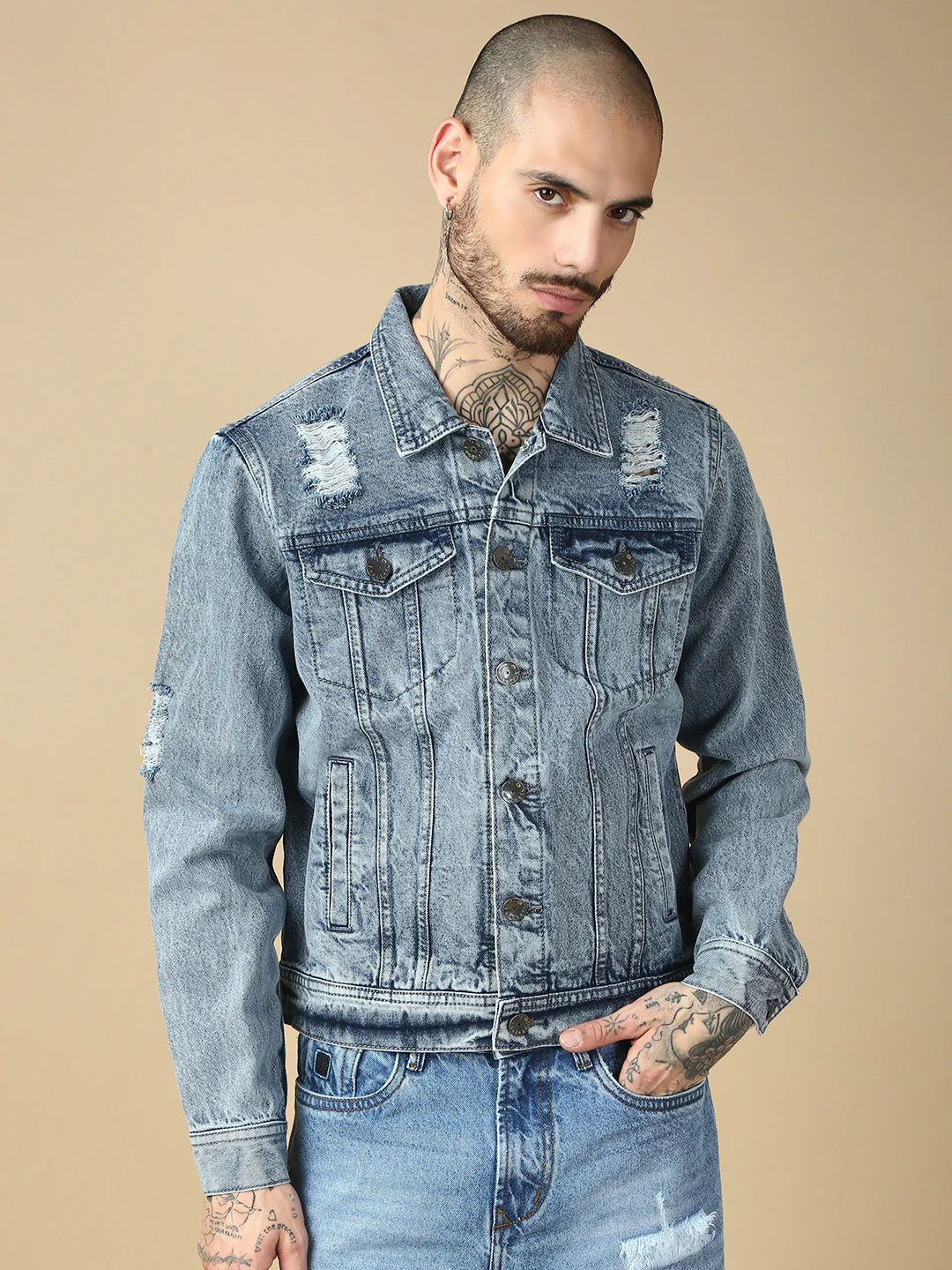 Necked Light Blue Slim Fit Denim Jacket