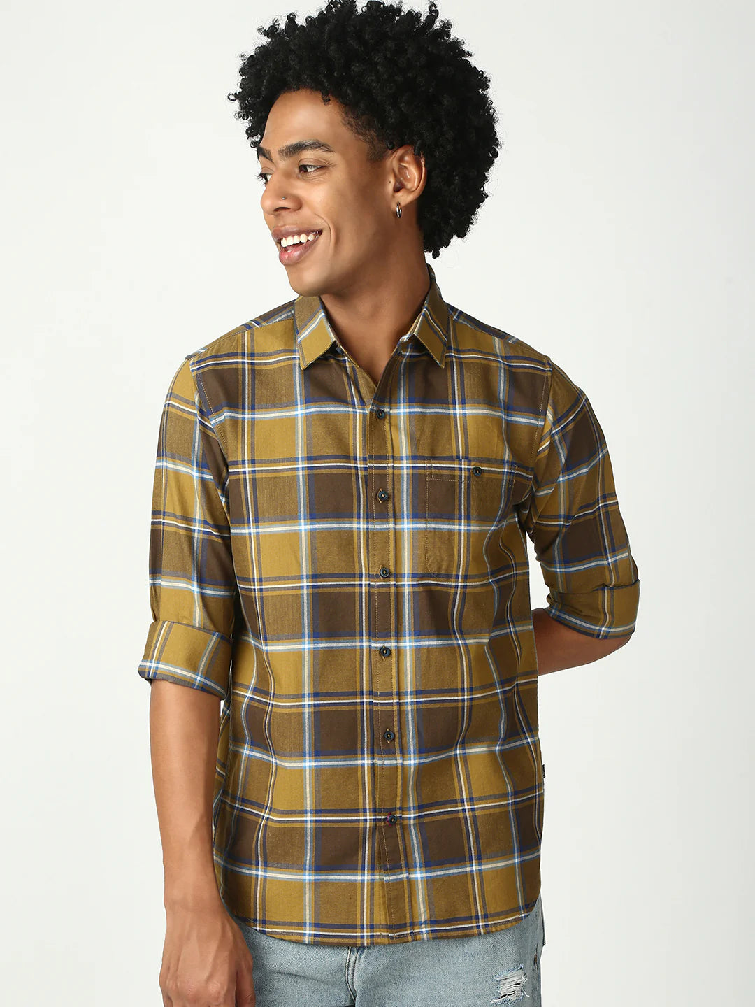 Necked Checks Full Sleeve Relax Shirt With Pocket