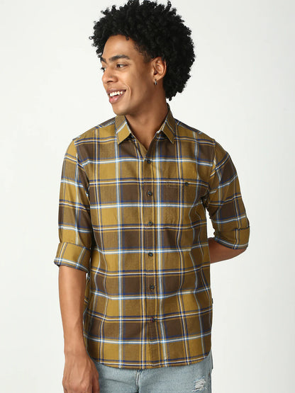 Necked Checks Full Sleeve Relax Shirt With Pocket