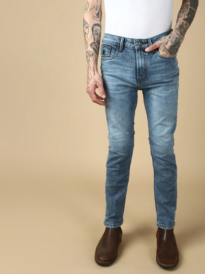 Necked  Light Blue Ripped Straight Stretchable Jeans