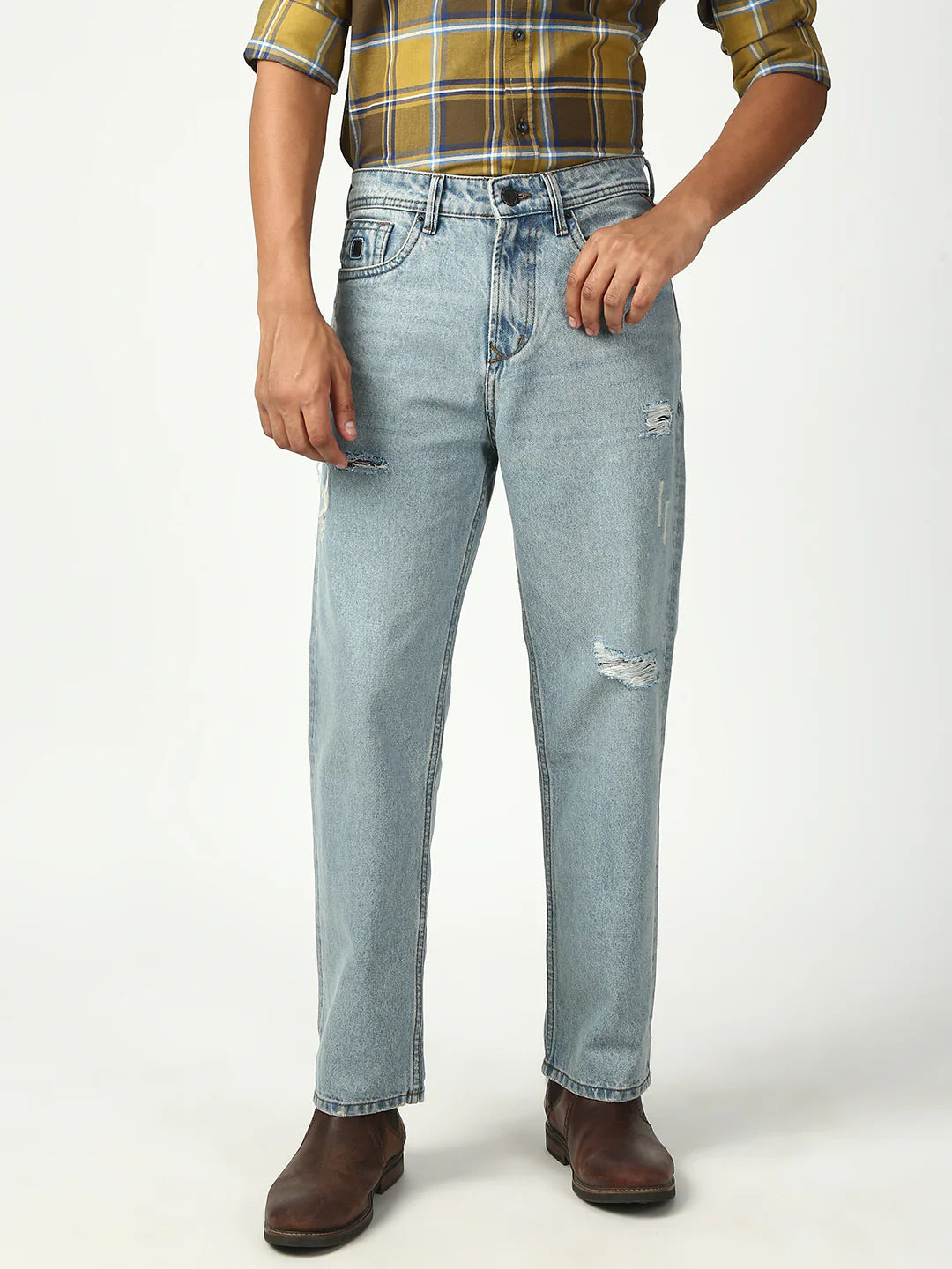 Necked  Vintage Light Blue Ripped Straight Jeans
