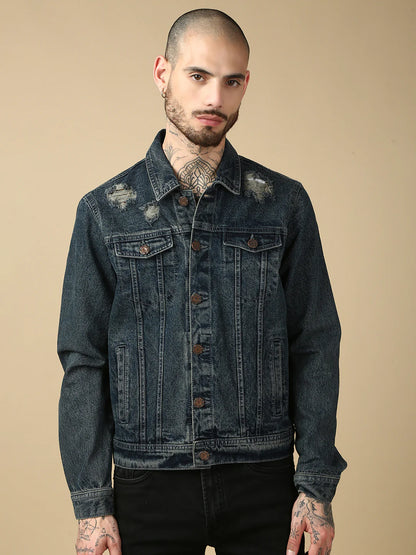 Necked  Vintage Blue Repeed Slim Fit Denim Jacket