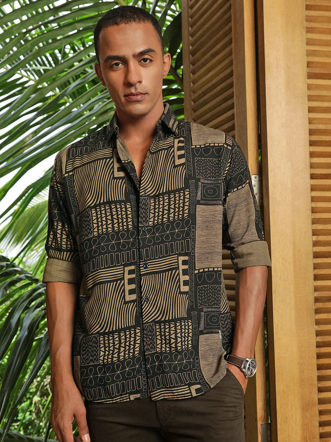 Necked Printed Full Sleeve Shirt Without Pocket
