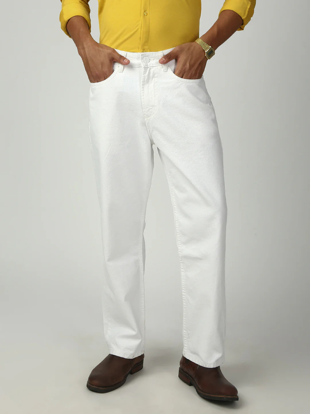Necked White Straight Fit Cotton Jeans