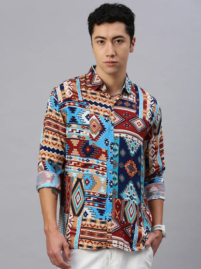 Necked Printed Viscose Shirt Without Pocket