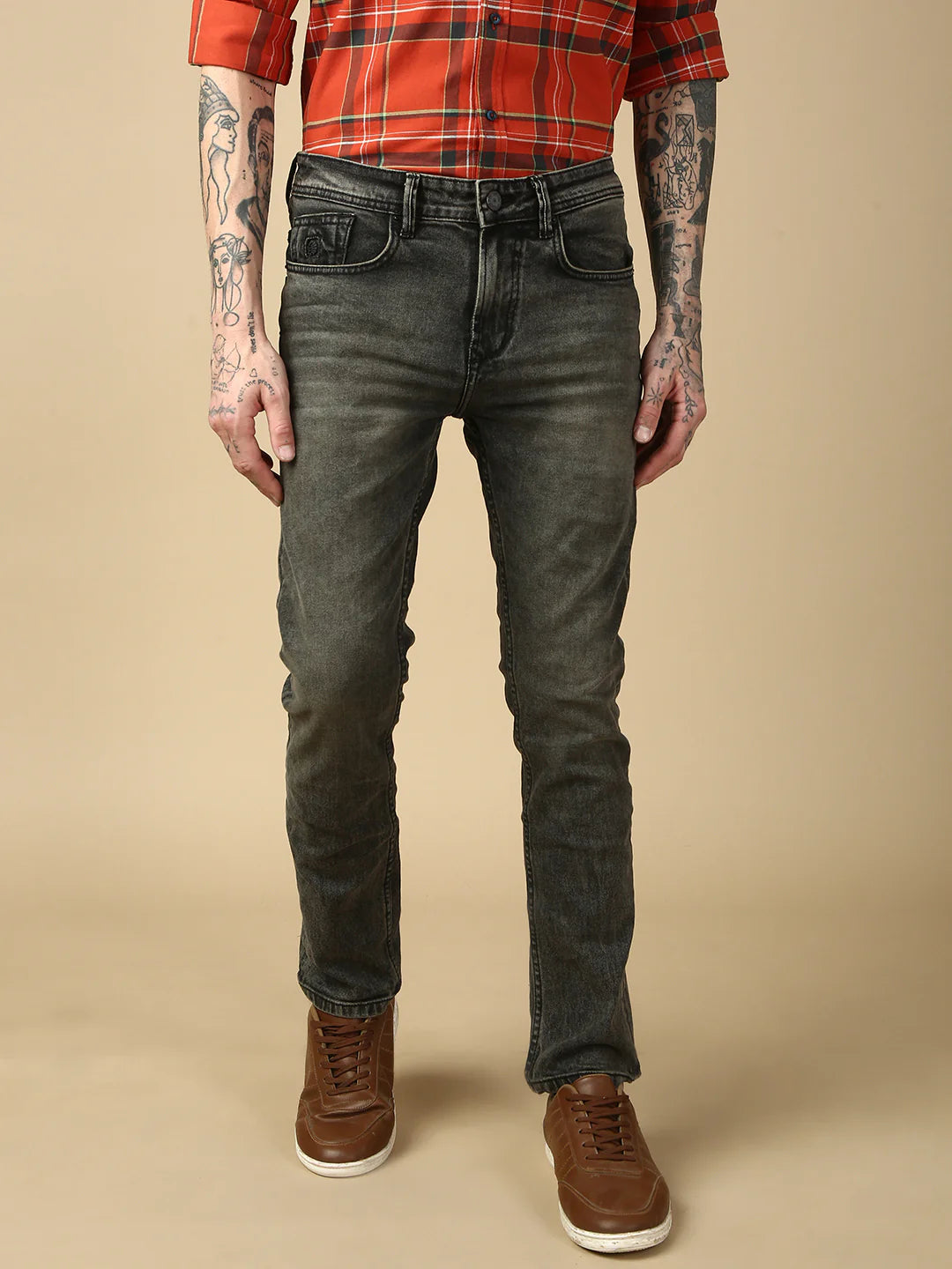 Necked Vintage Dark Gray Slim Fit Stretchable Jeans