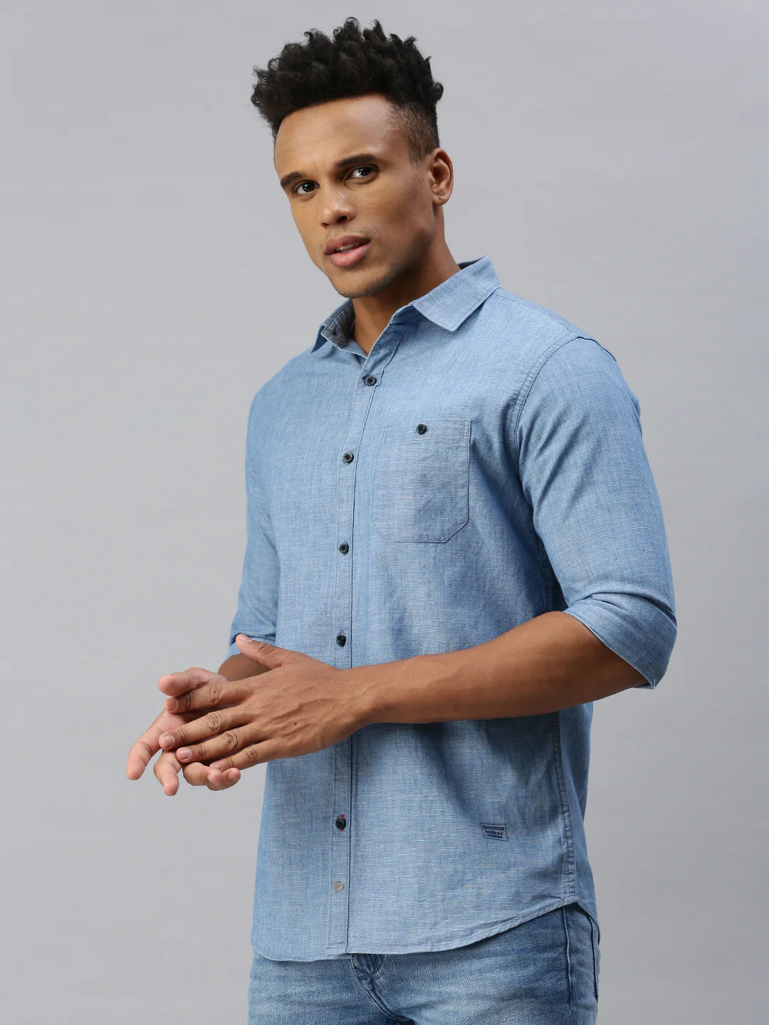 Necked  slim-fit blue denim shirt with patch pocket