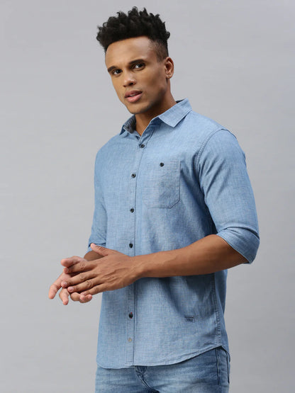 Necked  slim-fit blue denim shirt with patch pocket