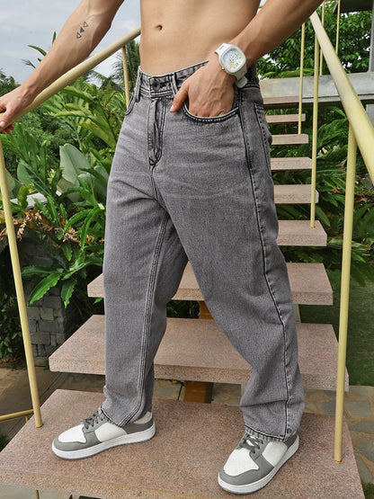 Necked Gray Loose Fit Cotton Jeans