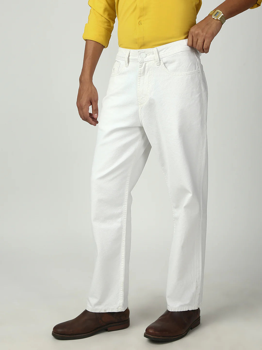Necked White Straight Fit Cotton Jeans