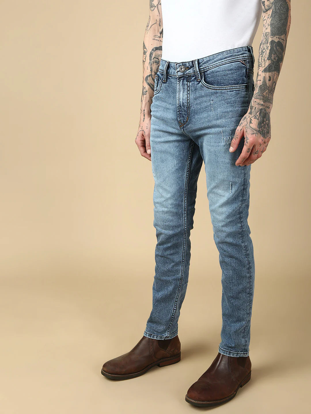 Necked  Light Blue Ripped Straight Stretchable Jeans