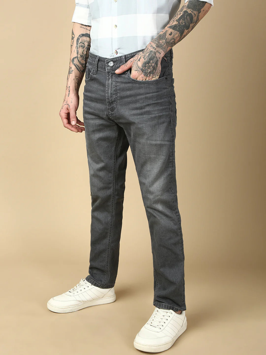 Necked Dark Gray Slim Fit Stretchable Jeans