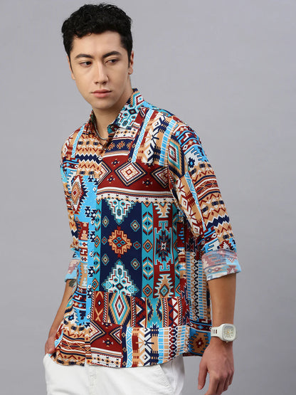Necked Printed Viscose Shirt Without Pocket