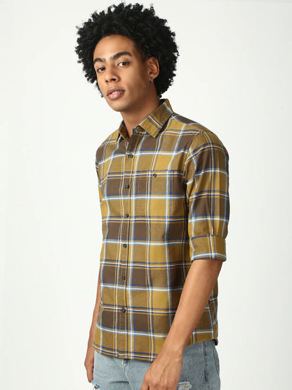 Necked Checks Full Sleeve Relax Shirt With Pocket