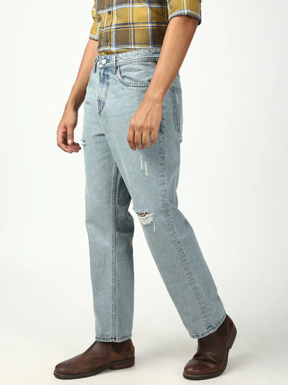Necked  Vintage Light Blue Ripped Straight Jeans