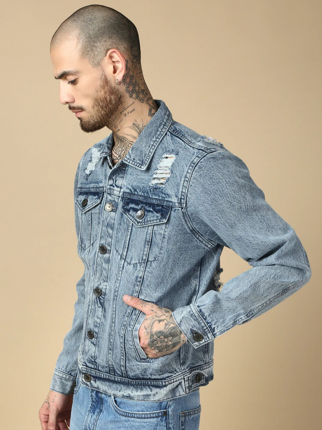 Necked Light Blue Slim Fit Denim Jacket