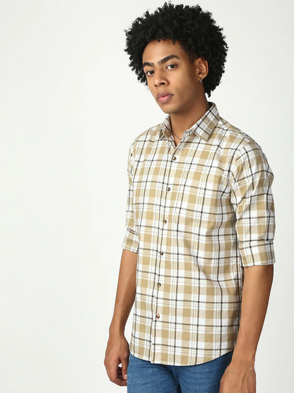 Necked Checks Full Sleeve Slim Shirt With Pocket