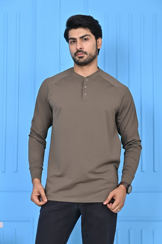Men's Full Sleeve Grey & White Henley T-Shirt | Waffle Knit Texture | Casual & Smart Wear | Premium Comfort Fit