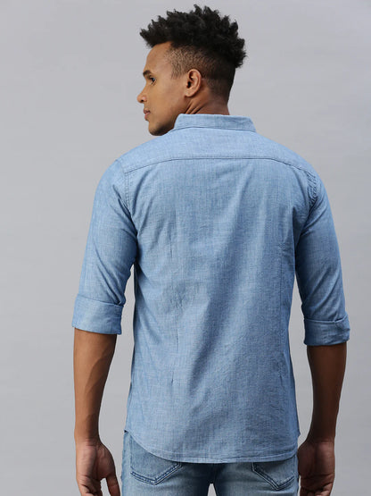 Necked  slim-fit blue denim shirt with patch pocket