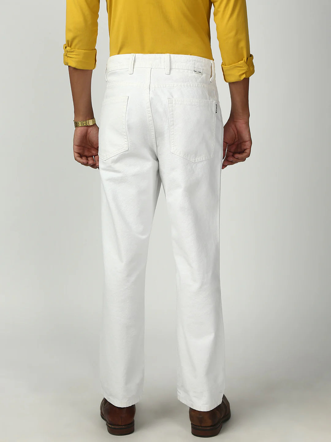 Necked White Straight Fit Cotton Jeans