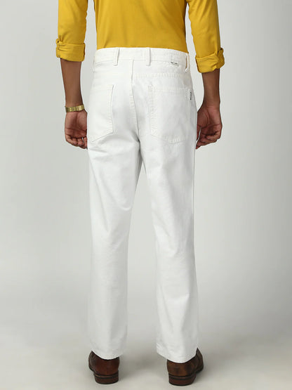 Necked White Straight Fit Cotton Jeans