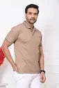 Arbour Men Solid Polo Neck Cotton Blend Beige T-Shirt