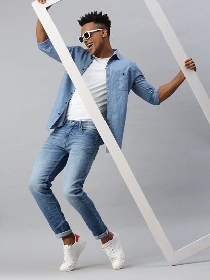 Necked  slim-fit blue denim shirt with patch pocket