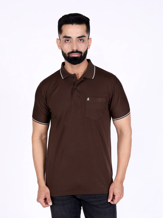 Men's Rich Brown Polo T-Shirt with Pocket | Soft Cotton Blend | Casual & Smart Look