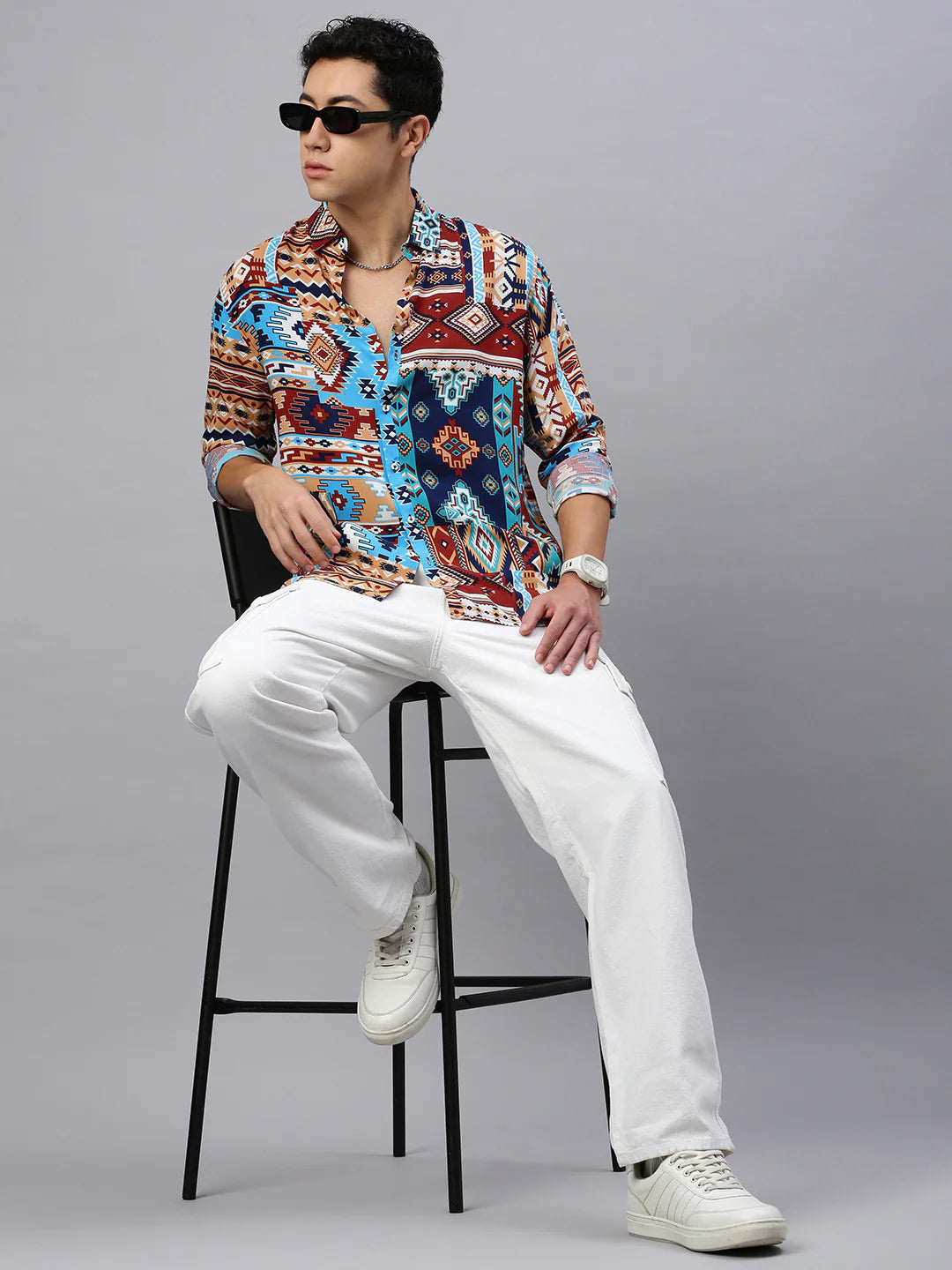 Necked Printed Viscose Shirt Without Pocket