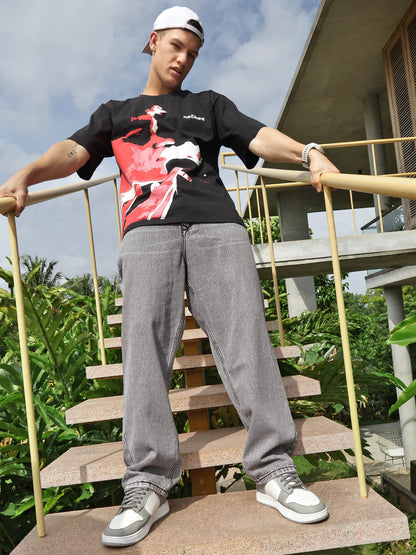 Necked Gray Loose Fit Cotton Jeans